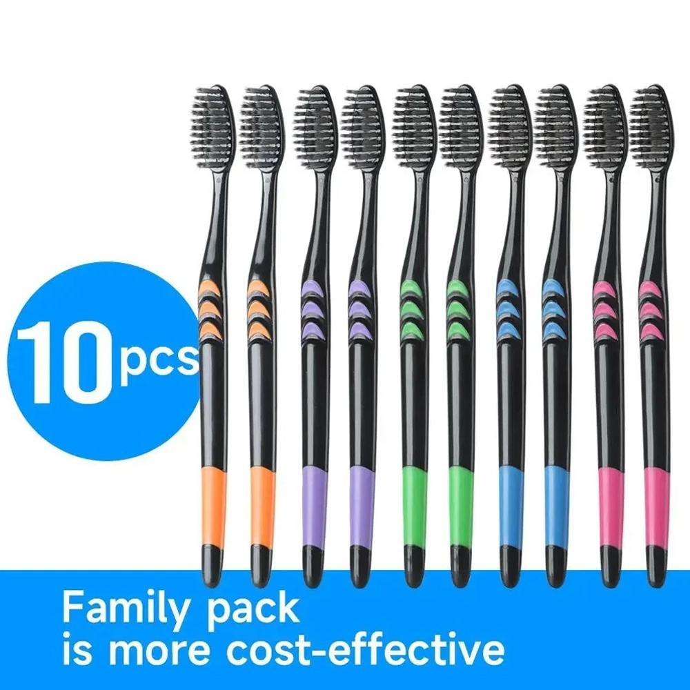 Bamboo Toothbrush - 10本セット、家族用、竹炭歯ブラシ、柔らかい毛、旅行用、ランダムカラー、口腔ケア