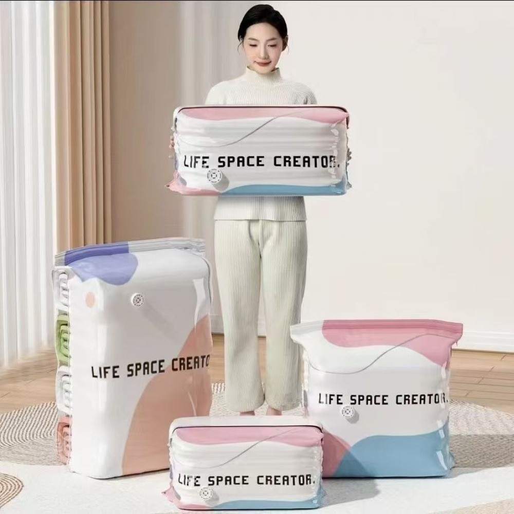 Reusable Bag - 圧縮機能付きの真空収納バッグ。圧縮して収納することで省スペース化。再利用可能な圧縮設計。