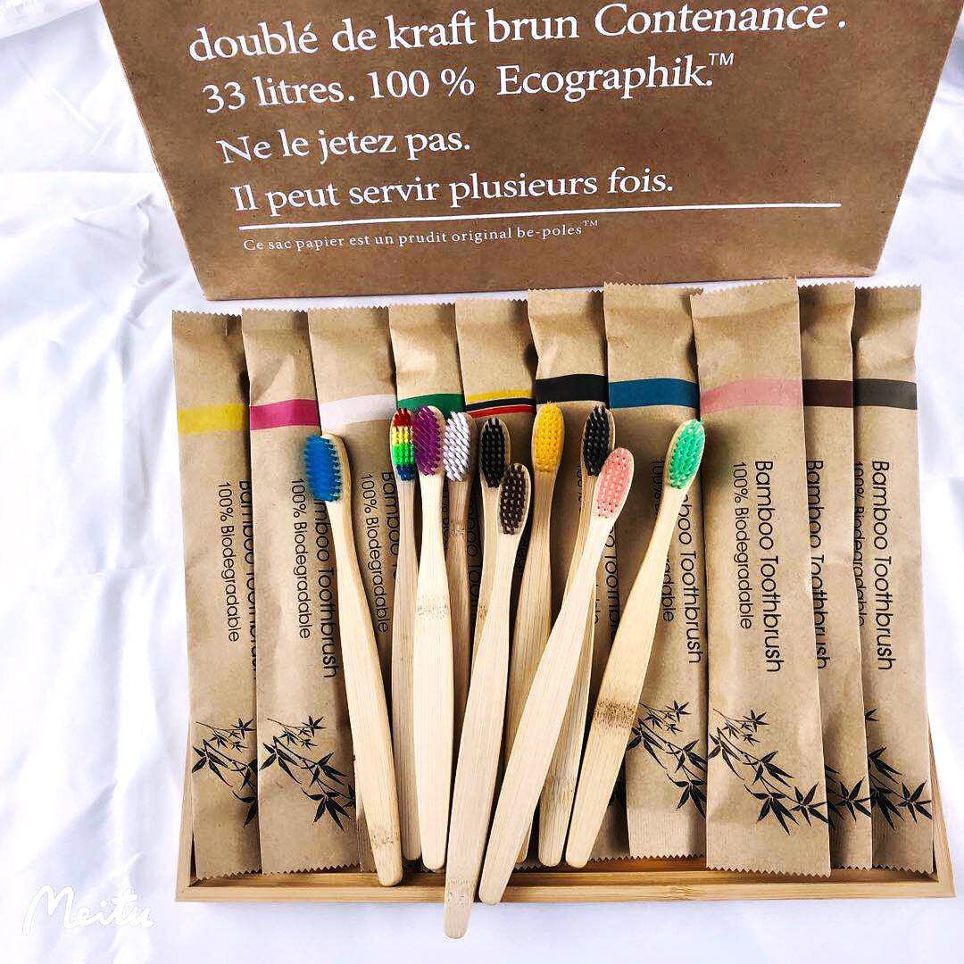 Bamboo Toothbrush - ランダムカラー 5/10本入り 竹製歯ブラシ 再利用可能 エコフレンドリー 木製