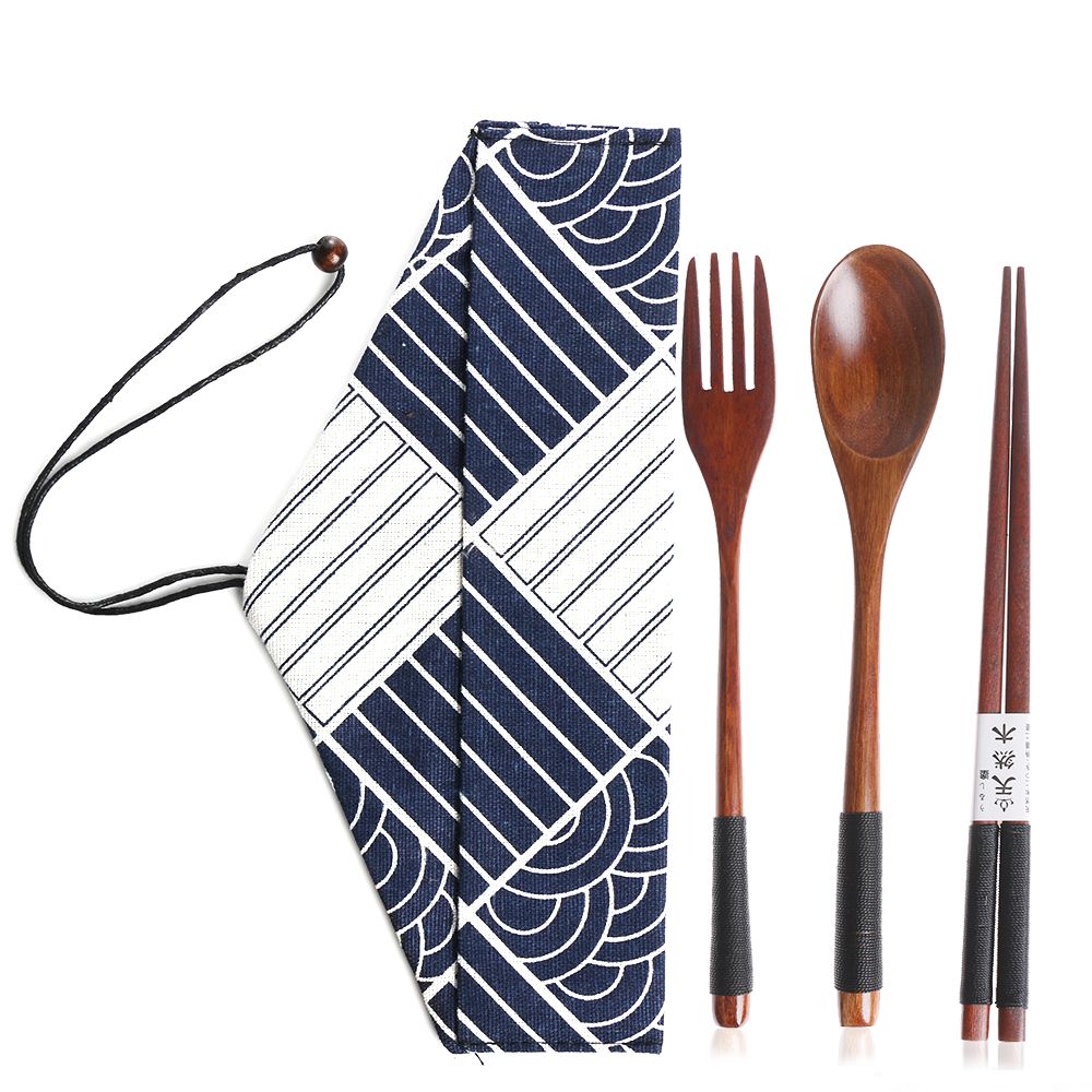 Bamboo Cutlery - ポータブル木製ナイフセット、天然布バッグ、スプーン、フォーク、箸、和風