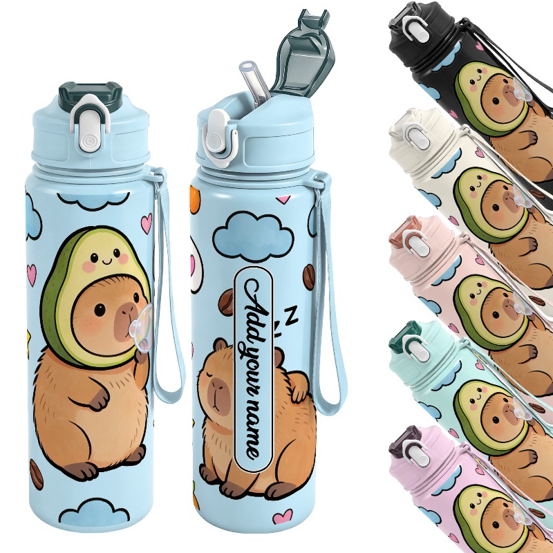 Reusable Straw - 750mlのカスタム名入り、かわいいカピバラのイラストが描かれた、漏れ防止機能付きの再利用可能なスポーツ用水筒。ジム、ハイキング、サイクリング、学校での使用に最適。ユニークな友人へのプレゼントにも。