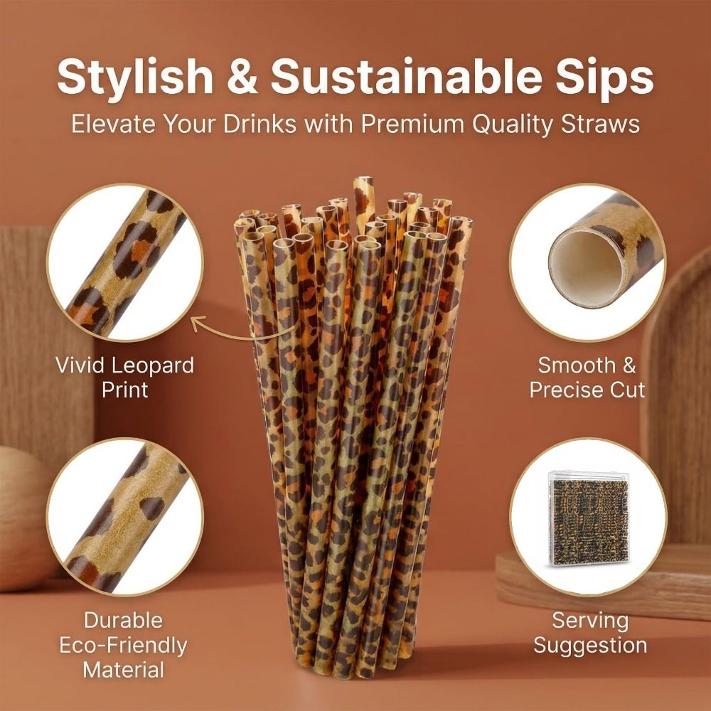 Reusable Straw - トレンディなヒョウ柄の飲料用ストロー 環境に優しく耐久性のあるアニマルプリントストロー 再利用可能なプラスチック製飲料用ストロー レストラン向け