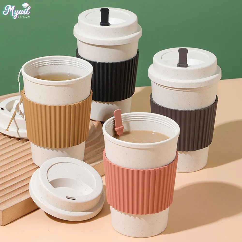 Reusable Straw - 450 ミリリットルコーヒーカップ蓋付き小麦ストロー再利用可能なポータブルコーヒーカップ食器洗い機対応コーヒーマグコーヒーティートラベルカップ