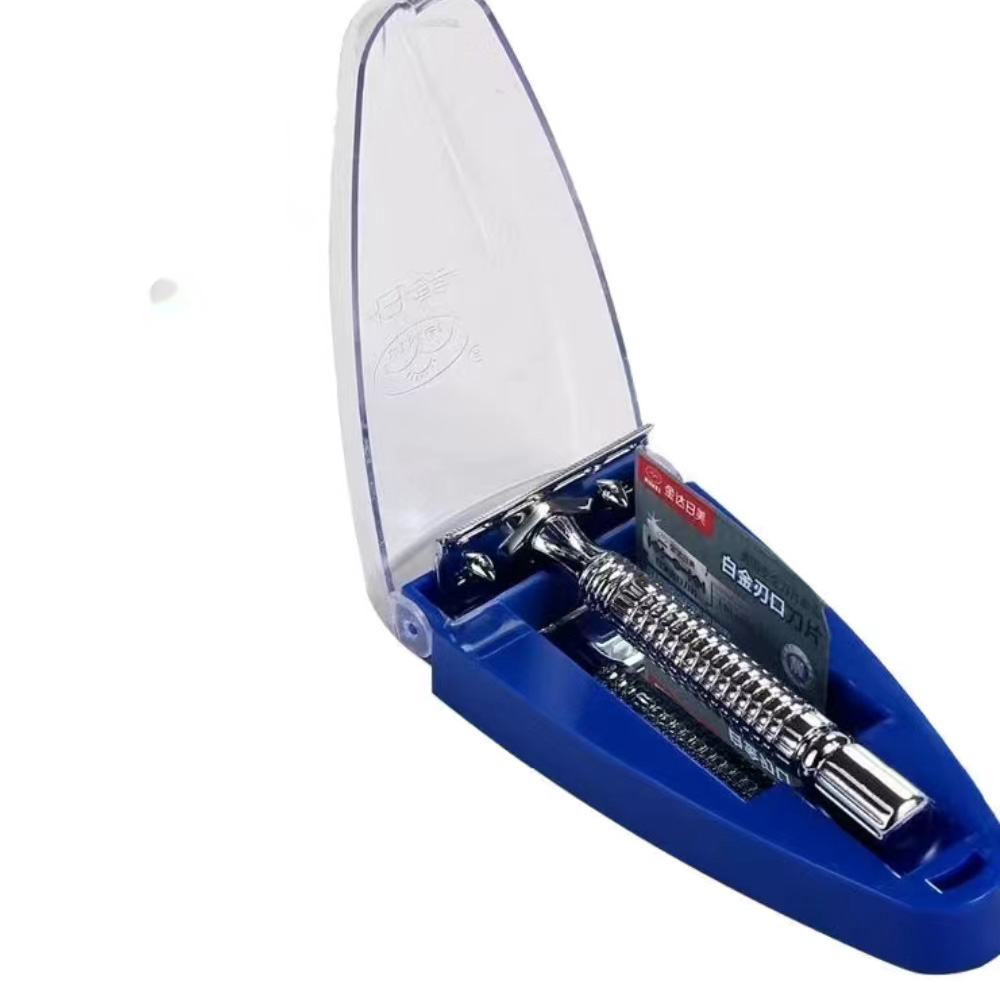 Safety Razor Handle - ステンレススチール製のショートハンドルクラシック安全カミソリ、両刃のメンズシェーバーボックス、カミソリ1本と刃5枚
