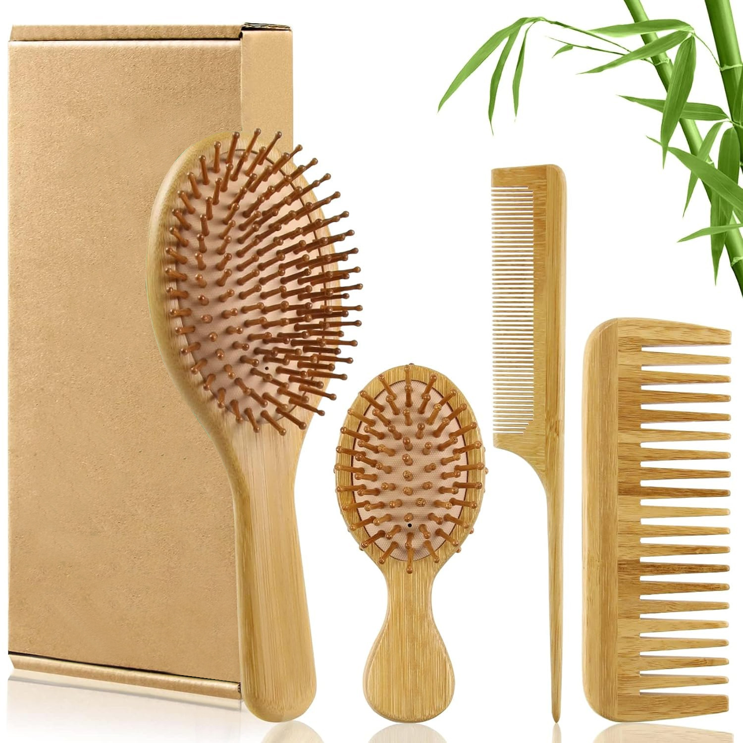 Bamboo Toothbrush - 竹製ヘアブラシ＆コームセット（男女兼用）、木製ワイドトゥースブラシとテールコーム - 濡れた髪や乾いた髪、巻き毛用のパドル型デタングリングブラシ