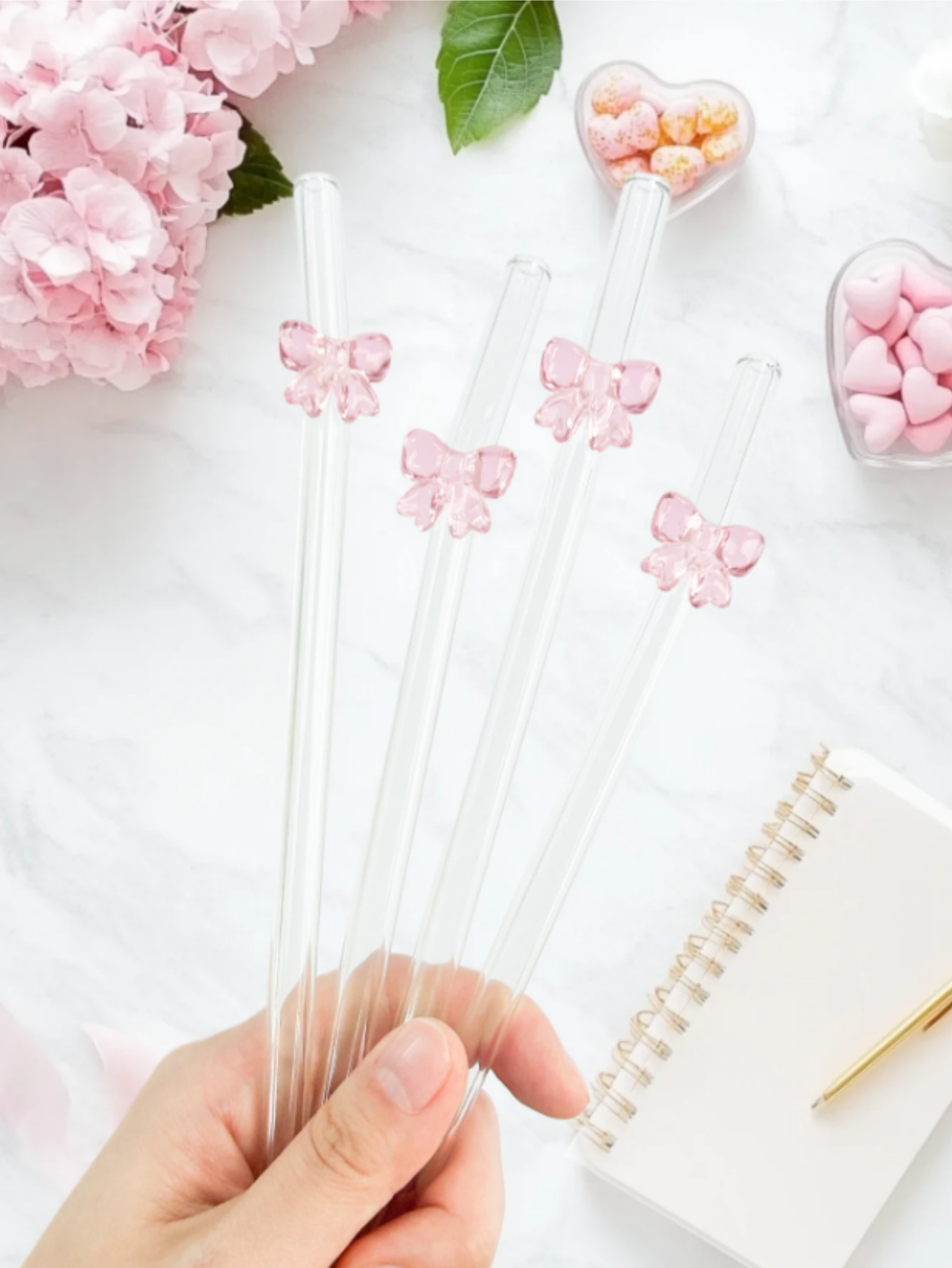 1/6 個のかわいい漫画のピンクのリボン結びガラスストロー、 - Reusable Straw のレビューと価格