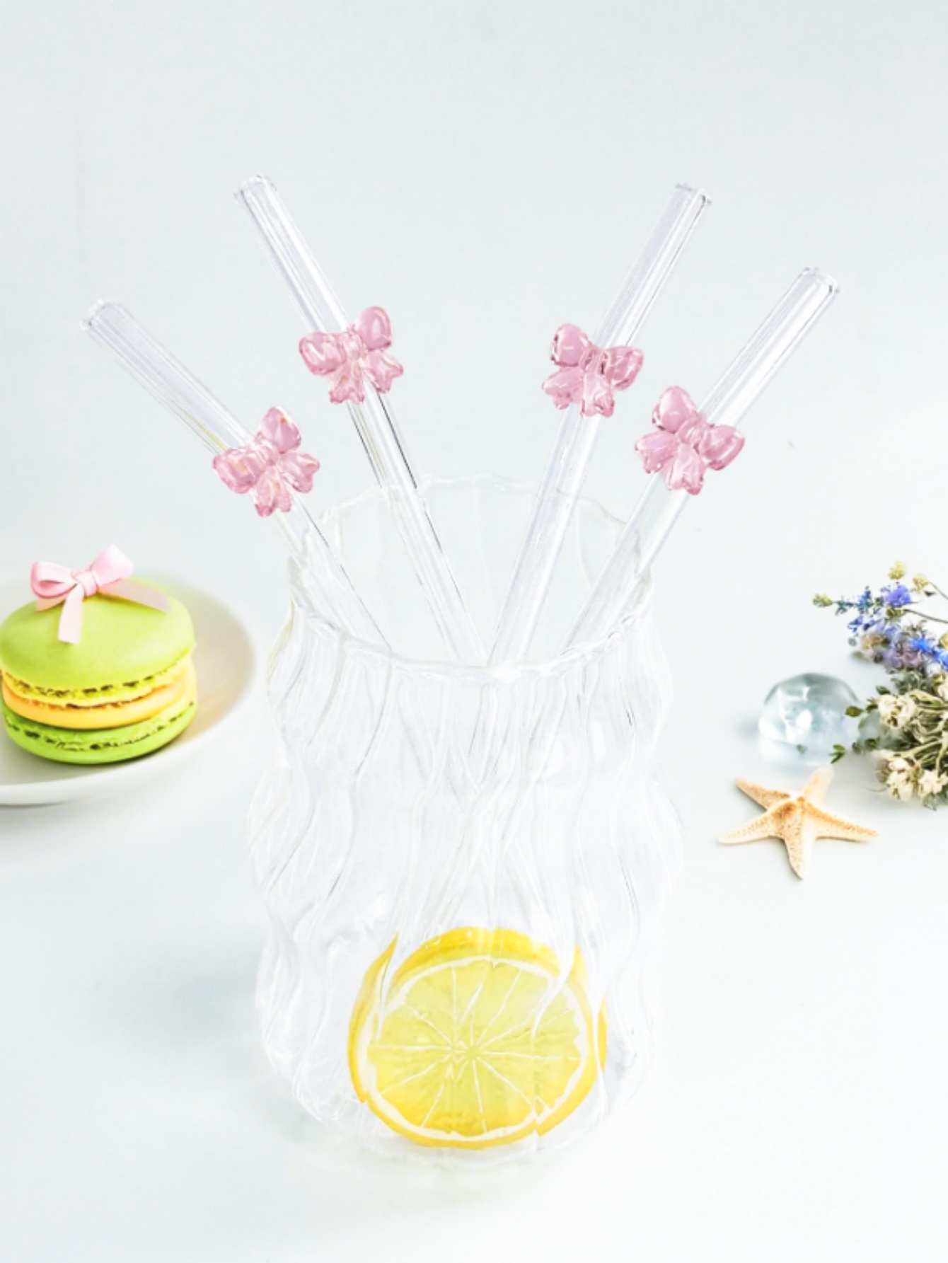 1/6 個のかわいい漫画のピンクのリボン結びガラスストロー、 - Reusable Straw のレビューと価格